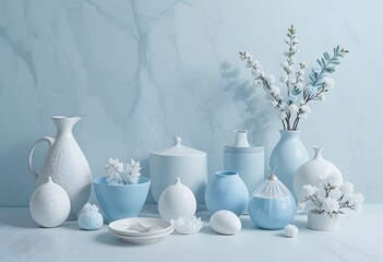 Fototapete - Monochromatic Still Life, Objects In Blue Shades, Texture And Form Study. Thoughtful Arrangement, Calm Visual Appeal. Blue Tone Composition, Artistic And Peaceful. A Beautiful Image For Your Project.