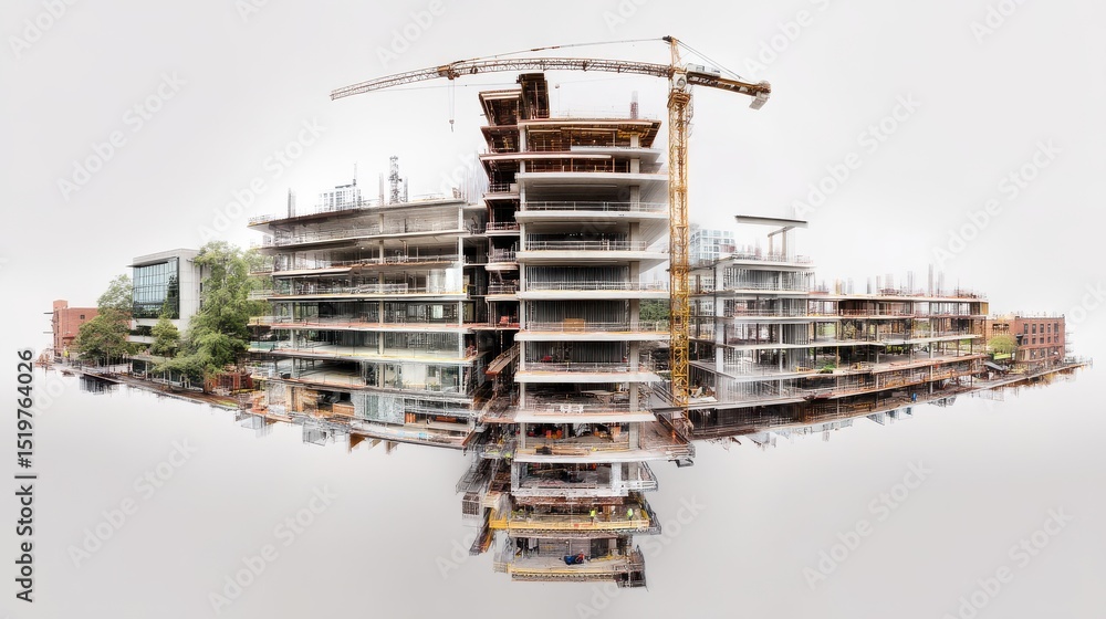 Vertical panorama of a building midconstruction, capturing all layers ...