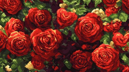 Wall Mural - a beautiful pixelated pattern of red roses intertwined with pixelated heart shapes, charming and vib