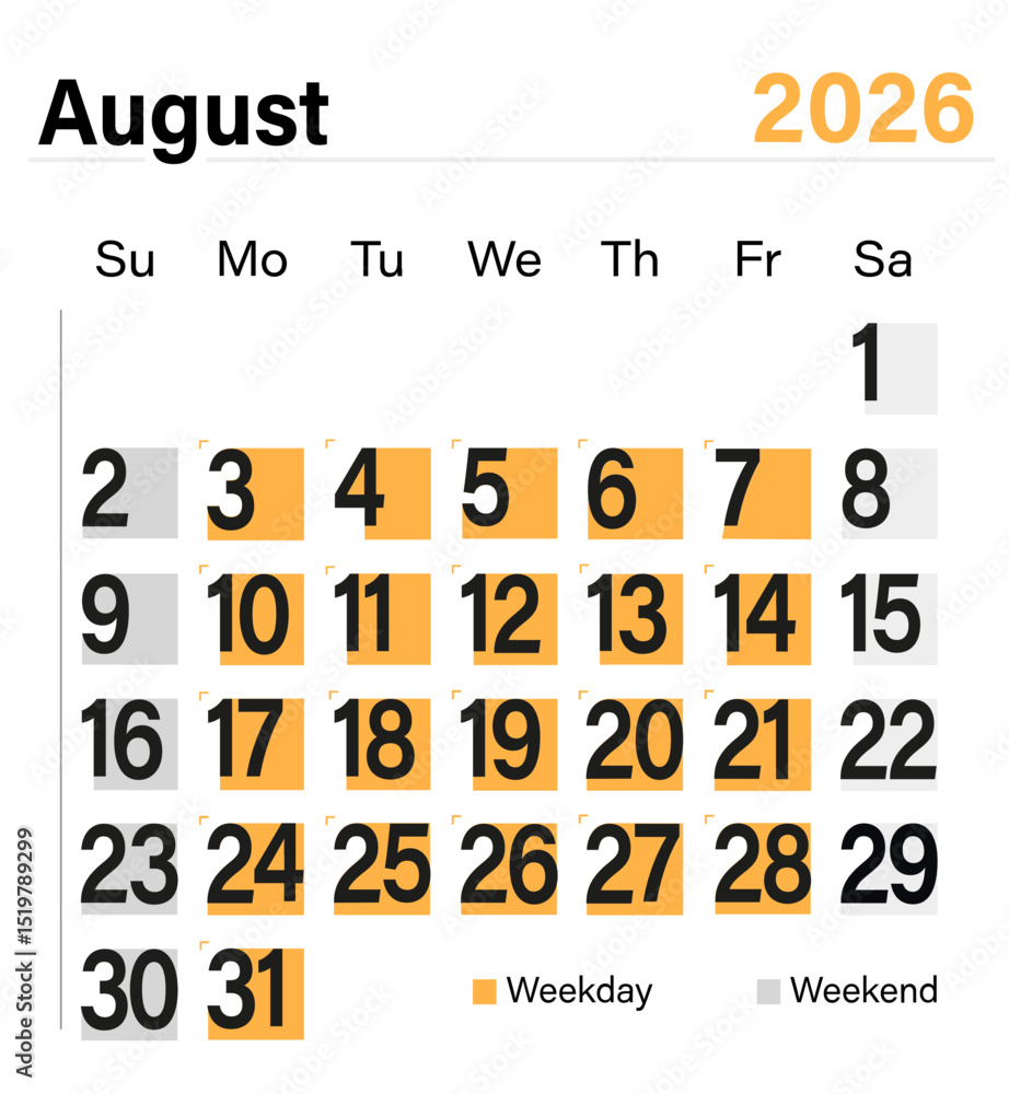 Minimal vector calendar for August 2026 with color-coded weekdays and ...