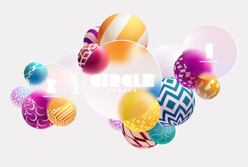 Wall Mural - 3d colorful circles and balls in glass morphism style. transparent geometric shapes on white backgro
