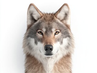  Striking front view of a gray wolf with symmetrical features, intense eyes, and dense fur, isolated on white background.
