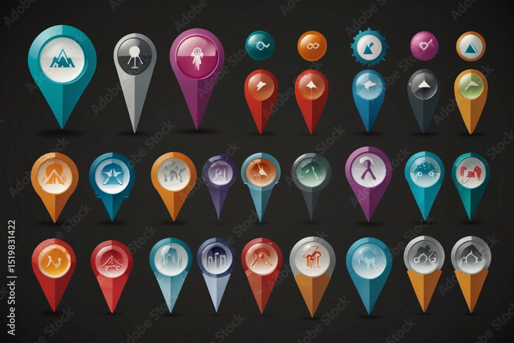 Collection of various colorful map pointer icons with different symbols ...