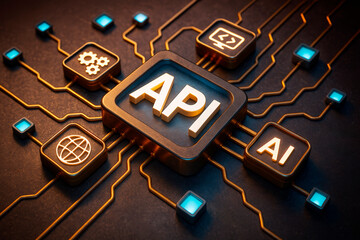 Fototapete - API integration concept with AI, internet, and coding icons connected on a circuit board background with glowing light effects in digital abstract style.