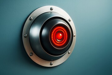 Fototapete - Futuristic surveillance camera with glowing red light on blue wall background, symbolizing artificial intelligence and control concept.