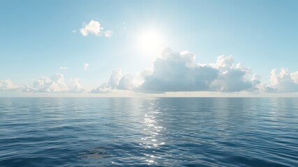 calm, blue ocean water reflects the sunlight under a soft blue sky filled with gentle, puffy white c