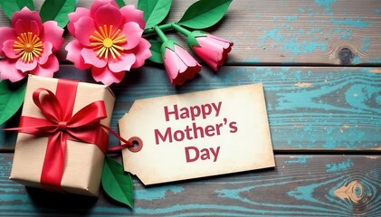  Happy Mother's Day Paper flowers & gift tag on rustic wood , mothers day decorations, wood background, design