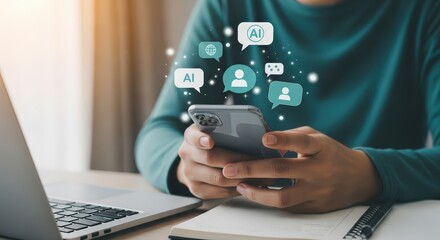 Person using smartphone with AI and social media icons technology concept