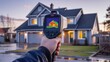 © David Zarzosa - A handheld infrared thermal scanner is pointed at a house at dusk, displaying heat distribution on a screen, representing energy efficiency analysis or insulation diagnostics.