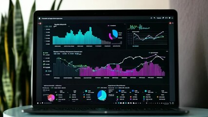 Analytical dashboard interface on laptop with data analysis and visualization screens