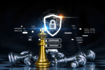Wall Mural - Firewall. chess board game competition with virtual data protection application diagram, digital marketing, internet network technology, business strategy, business strategy and leadership concept