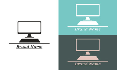 minimalist computer desk logo with modern monitor on sleek stand, flat design style, clean lines, ba