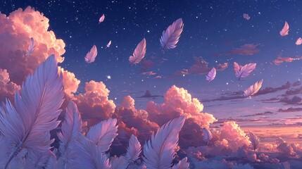 Wall Mural - floating white feathers above a soft pink and blue sunset sky