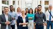 © MdKamal - Diverse team of professionals smiling together at modern office building