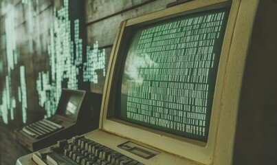 retro computer screen displaying code, wooden background, museum exhibit