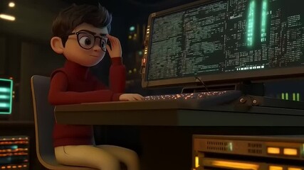 Animated Young Programmer Coding on Futuristic Computer in Dimly Lit Room Environment