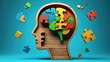 © Arnab Dey - Wooden head shape brain made of colorful puzzle pieces. Illustration complex thinking process, logical mind. Parts of brain connected. Concept of connecting ideas, problem-solving abilities. Abstract
