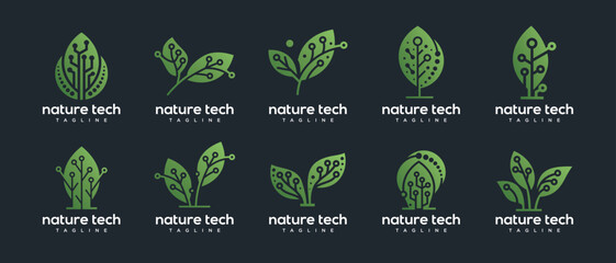 green leaf technology logo design template collection. nature leaf digital technology logo design ve