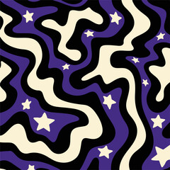 Aufkleber - Abstract vector pattern in trendy Y2K pop art style, featuring wavy cream, black, and purple stripes with scattered stars. This look is popular in current retro-futuristic youth graphics.