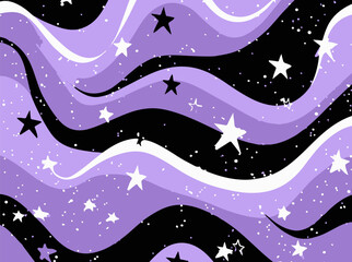 Aufkleber - Trendy cute vector pattern with flowing wavy stripes, white stars, and dotted accents in black, purple, and lavender tones.