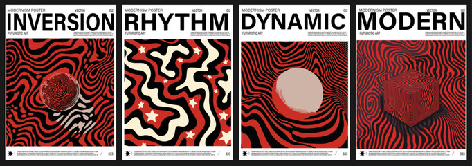 Poster - Modern vector posters feature bold, hypnotic line art in black and red, with 3D shapes and movement. The style is Y2K-pop art fusion, reflecting current popular retro-futuristic trends.