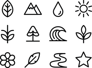 Wall Mural - line art icons representing nature elements including leaves mountains water and sun on a gray backg
