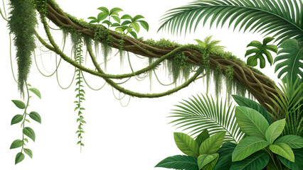Jungle vines and tropical leaves isolated on transparent background, lush greenery with hanging lianas, exotic foliage, botanical illustration