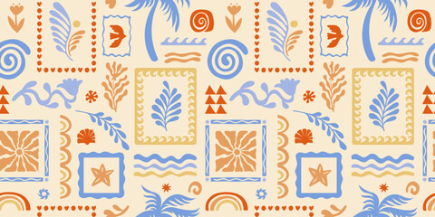 Aufkleber - Vector hand drawn seamless pattern graphics with silhouette summer and vacation illustrations, print design template, tropical illustrations, frames and borders in simple trendy naive cut out style wi