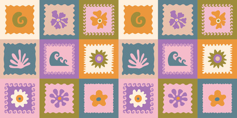 Aufkleber - Vector hand drawn seamless pattern graphics with silhouette summer and vacation illustrations, print design template, tropical illustrations, frames and borders in simple trendy naive cut out style wi