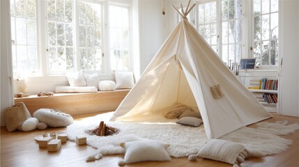 Fototapete - Cozy boho nursery with handmade teepee and natural light in bright room