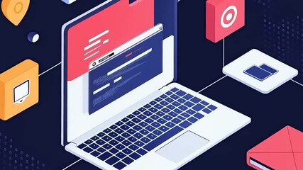 Isometric Laptop with Floating Icons: A Modern Digital Workflow Visualization