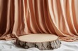 © Dona - Elegant Rustic Wooden Stump Display. Minimalist Showcase with Satin Drapery for Artistic Home Interiors