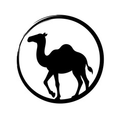 Wall Mural - a stylized, minimalist silhouette of a majestic camel inside a circular frame, with a strong emphasi