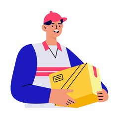 Sticker - a flat style illustration showing a delivery boy holding parcel
