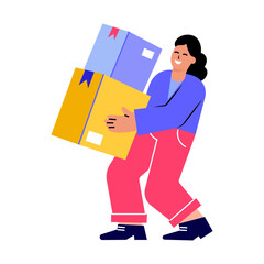 Sticker - a flat style illustration showing a character holding heavy delivery boxes