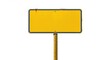 © Thecreator T - Yellow road sign with blue border isolated on white background, mounted on wooden post