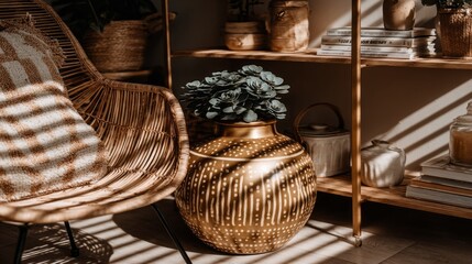 Fototapete - Sunlight streams onto minimalist wooden shelves with potted plants and woven chair in cozy living space