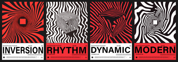 Fototapete - Modern vector posters feature bold, hypnotic line art in black and red, with 3D shapes and movement. The style is Y2K-pop art fusion, reflecting current popular retro-futuristic trends.