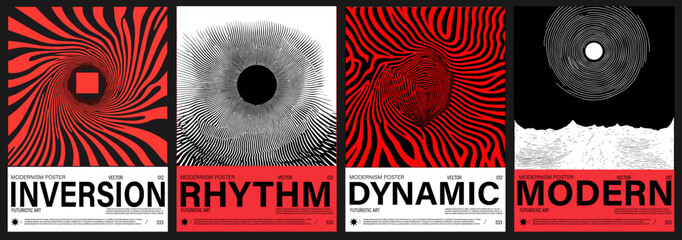 Fototapete - Modern vector posters feature bold, hypnotic line art in black and red, with 3D shapes and movement. The style is Y2K-pop art fusion, reflecting current popular retro-futuristic trends.