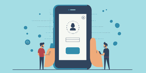 Flat vector illustration of user login screen on large mobile phone with two male developers interacting with devices in technology workspace with blue background