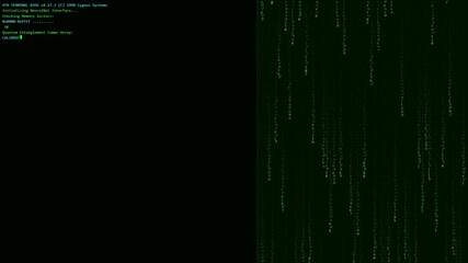 Hacker terminal interface with green text on black, simulating a system breach. Right panel features a dynamic digital 