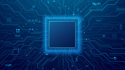 Blue AI chip on a circuit board concept. Technology background. Digital semiconductor with neon frame and thin line wires. Artificial Intelligence processor on tech bg. Futuristic vector illustration