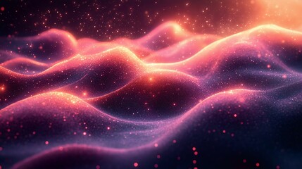 Wall Mural - a mesmerizing abstract landscape of glowing waves, flowing with shimmering particles and vibrant col