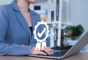 Poster - Quality Assurance and Certification Compliance Concept. Businesswoman using laptop with icons representing quality assurance, certification, compliance standards, and performance assessment. ISO,