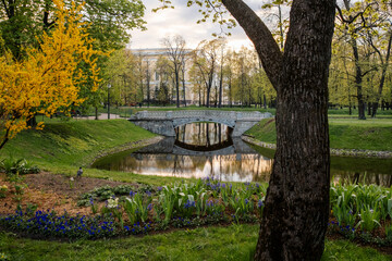 Aufkleber - Beautiful Park With a Peaceful Bridge Over a Tranquil Pond Surrounded by Colorful Flowers in Early Spring