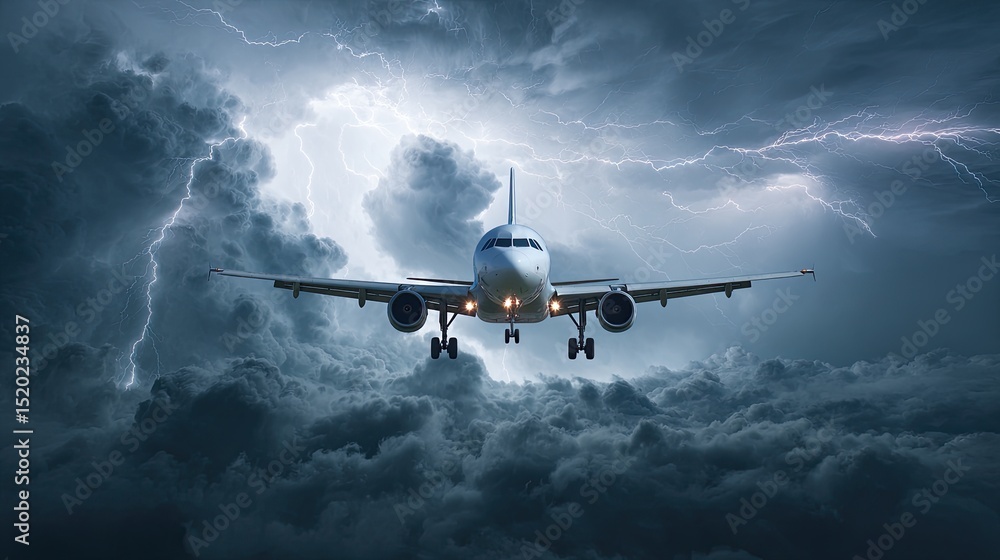 Airplane flying through dark storm clouds with lightning bolts in ...
