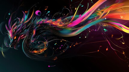 Poster - Abstract colorful dragon with musical notes, vibrant design.