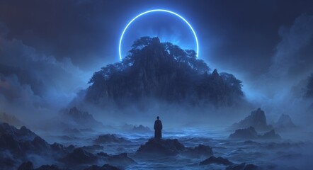 Wall Mural - a dark scene is set with a large object at its center, featuring a space background and illuminated 