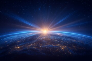 Wall Mural - planet earth is depicted in deep space, set against a backdrop of a blue nebula and a hot glowing su