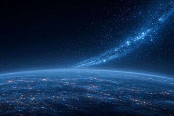 Wall Mural - the planet earth is situated in deep space against a blue nebula, showing a night view from the orbi